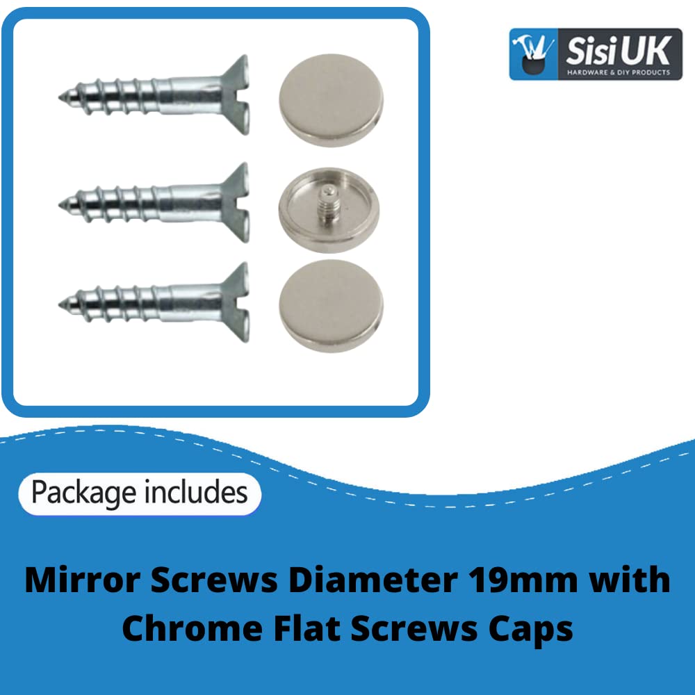19mm Mirror Fixing Screws with 13mm Chrome Flat Caps Decorative Mirror Mounting Screws Pack of 8 - Image 2