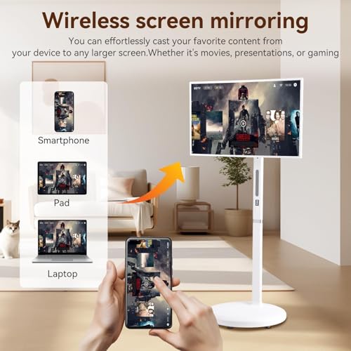 Image of 32 Inch UHD 4K Portable Smart TV on Wheels, 8GB + 128GB Storage, Android 15 OS, Rolling TV with Rotatable Touch Screen, Camera and Stand, Full Swivel Rotation, Voice Remote for Home, Outdoors