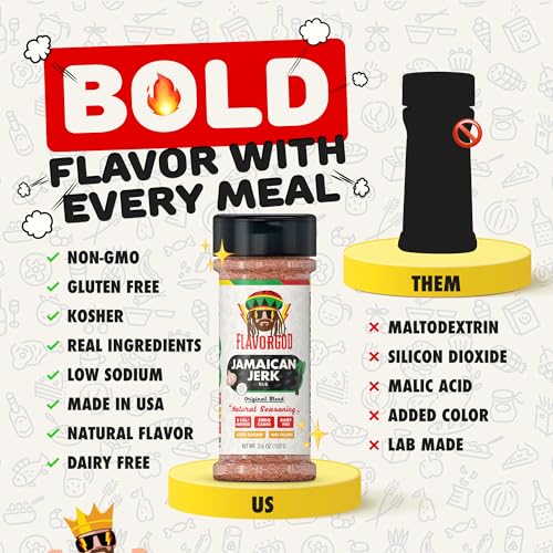 Image of Flavor God 2 Bottles Jamaican Jerk Rub Mix Natural Healthy Spice Blend For Grilling Chicken, Beef, Seafood, Vegetables, Salad, Tacos, Pizza, Kosher, Gluten & Dairy Free, Vegan Keto Friendly Steak Rub