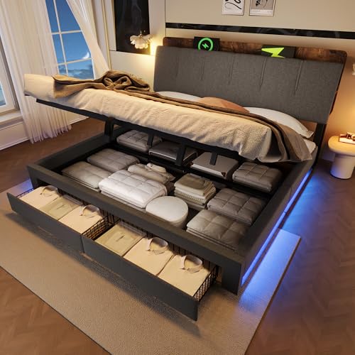 @Moflan Lin Cama acolchada, 180 x 200 cm, almacenamiento hidráulico, con función de carga USB tipo C, sin colchón, almacenamiento multifuncional, iluminación LED, botón de presión, lino, gris