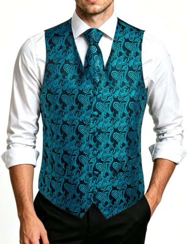 Image of DiBanGu Mens Vest and Tie Set Formal Paisley Waistcoat and Necktie Pocket Square Cufflinks Silk Suit Vest for Tuxedo Wedding