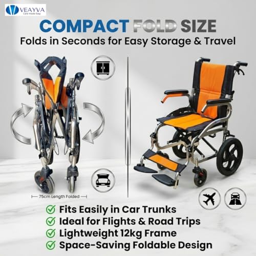 Image of Veayva Portable Ultra-Light Aluminium Wheelchair - Compact Foldable Design, Vibrant Orange Finish, Travel-Friendly Mobility Aid(SUPER LIGHT ALLUMINIUM FRAME)