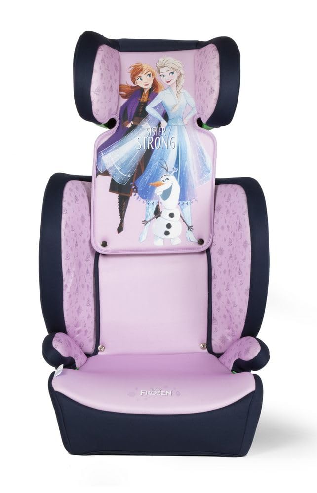 Fotelik Samochodowy Disney Frozen Z Nasadką ISOFIX Dla Bezpieczeństwa Dziewcząt O Wysokości Od 100 Do 150 Cm Z Grafiką Księżniczki Elsy, Anny I Uroczego Olafa Na Fioletowym Tle