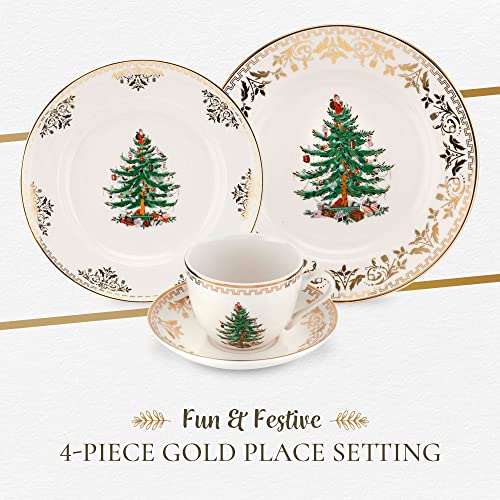 Spode Christmas Tree Gold 4-Piece Setting | Made Of Fine Earthenware | Gold Collection | Service For 1 | Dinner Plate, Salad Plate, Teacup And Saucer | Dishwasher Safe #TOP1