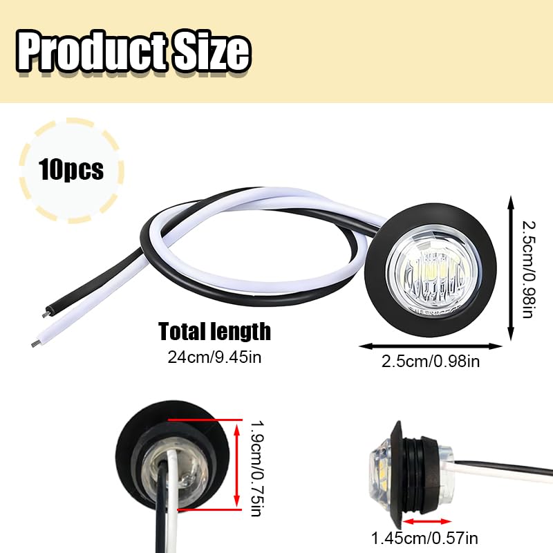 10 Okrągłych Żarówek LED 12V do Oświetlenia Przedniego i Tylnego, Światła Obrysowe do Przyczepy, Światło Pozycyjne Boczne - Białe Wskaźniki Boczne, Wodoodporne IP68, Wysoka Jasność