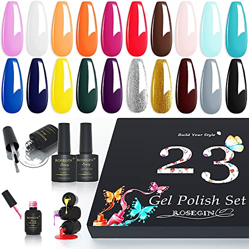 ROSEGIN 23 Pcs Gel Nail Polish Collection Summer Fall Colors Set with Glossy and Matte Top and Base Coat as Gel Polish Gift