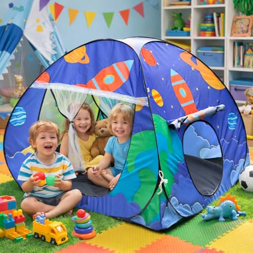 Image of Foldable Play Tent House Big Size for Girl Boys with Space Theme Pop-Up Indoor & Outdoor Playhouse for Girls Boys| Multi Purpose Tent with Fun Patterns Easy Setup & Portable (Space Blue)