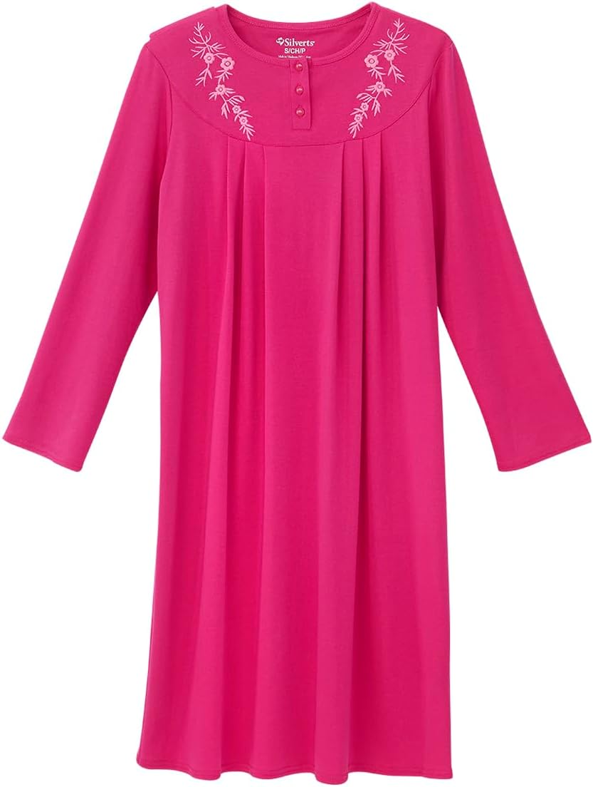 Women's Open Back Adaptive Home Care Nightgown with Crew Neck - Long Sleeve Embroidered Hospital Gown for Seniors