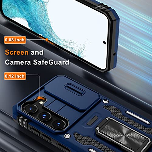Samsung Galaxy S23 Plus Case With Slide Camera Cover And Screen Protector (6.6-Inch),Military Grade Cover [Screen&Camera Protection][Rotated Ring Kickstand] Heavy Duty Shockproof Protective Case-Blue #TOP3