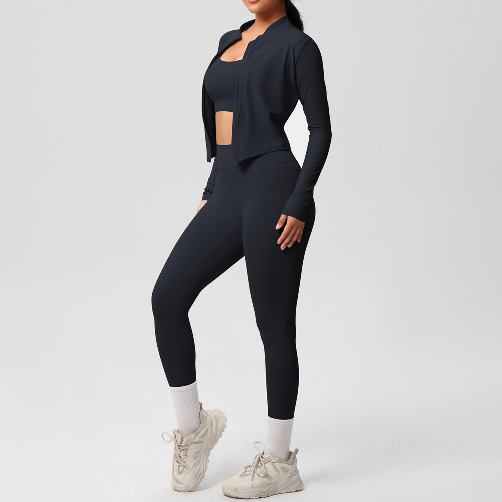 Generico Set di Abbigliamento Sportivo Donna Completo Palestra 3 Pezzi Reggiseno Sportiva e Leggins Anticellulite Push Up e Fitness Giacca con Zip Tuta Yoga Completa Gym Jogging