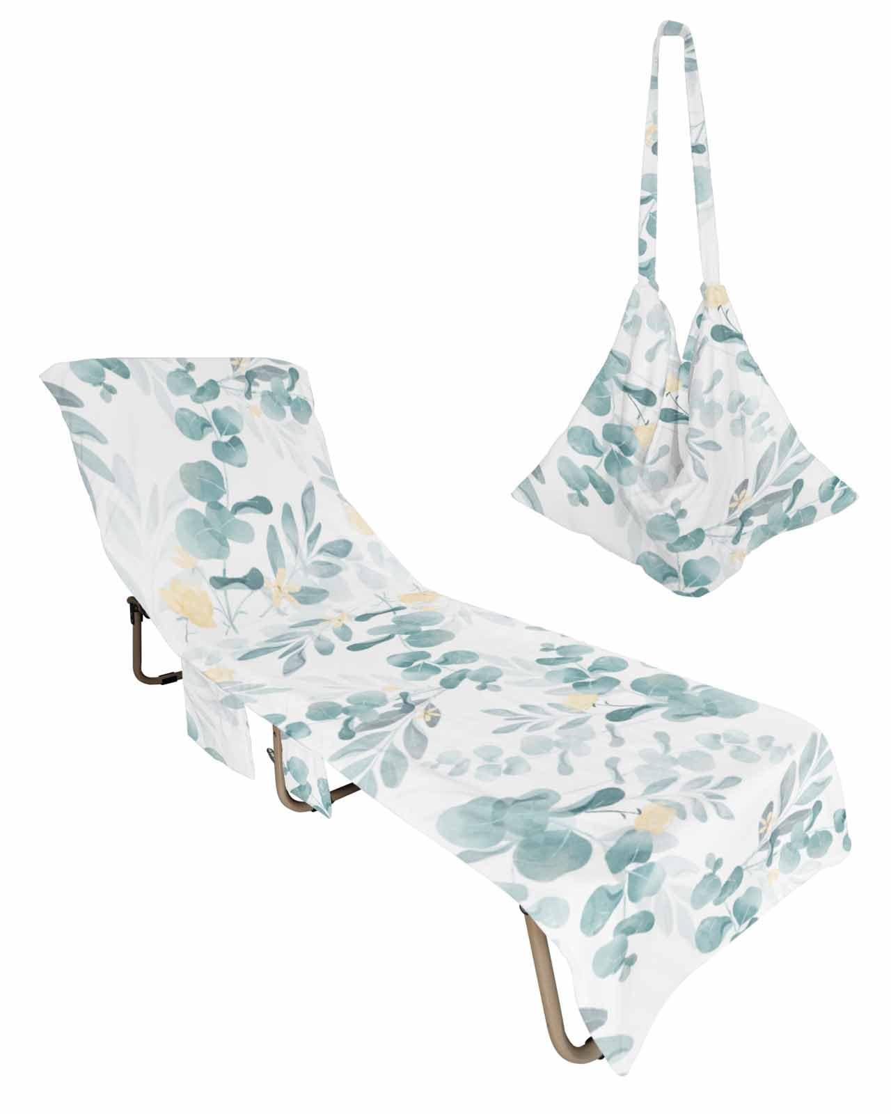 Eucalyptus Leaves Beach Lounge Chair Towel Cover, Soft Chaise Lounge Towel with Side Pockets Patio Pool Chairs Cover for Beach/Pool Sunbathing 29x85 Watercolor Teal Botanical Spring Floral