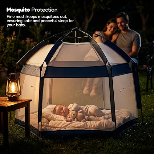 Image of Baybee 140 x 110 Cm JoyNest Kids Playpen for Babies Up to 5 Years | Foldable Playard for Babies with Mosquito Protection & Zipper Lock | Baby Indoor & Outdoor Play Area Setup with Hexagon shape for Extra Space (Blue)
