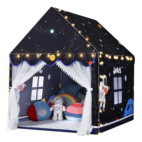 Wilwolfer Space Kids Tent Indoor: with Mat, Star Lights - Kids Play Tent Space Toys for Toddlers - Bedroom Decorations Astronaut Rocket Ship (Black)