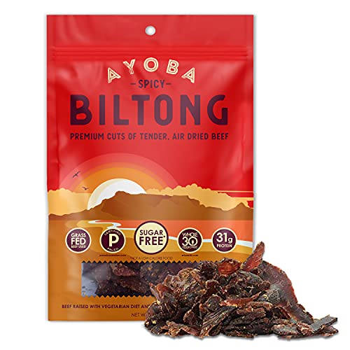 Ayoba Spicy Grass Fed Beef Biltong Slices (2 Ounce, Pack of 1) - Keto Friendly Air-Dried Grass Fed Beef Paleo Snacks - Gluten Free, Whole 30 Approved, Sugar free, No Carb Meat Snacks