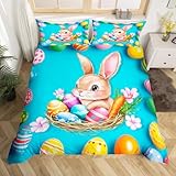 Erosebridal Rabbit Duvet Cover Colorful Eggs Decor Bedding Set for Kids Child Girls,Cute Easter Rabbit Carrot Comforter Cover Animals Quilt Cover King Size Watercolor Hand Painted for Easter Presents