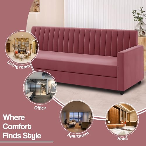 Image of 3+2 Fabric Sofa Set with Ottoman for Living Room | Modern Upholstered 5-Seater Couch | Soft Cushion, Premium Velvet Fabric-Rose Pink