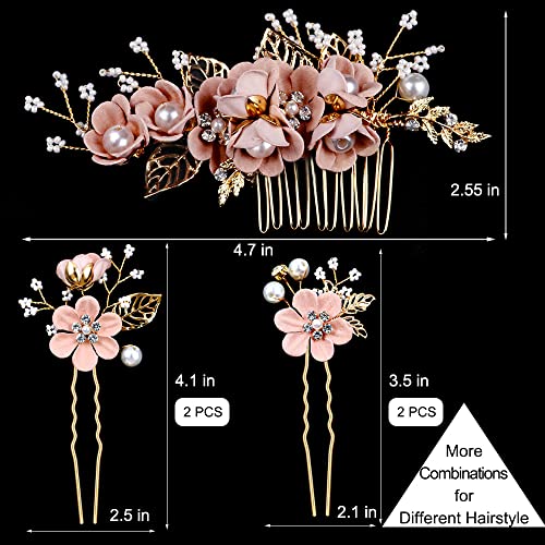 5 Pieces Bridal Flower Wedding Hair Pins Crystal Pearl Hair Combs Clips Headpiece Gold Wedding Hair Accessories Jewelry with Rhinestone for Brides Bridesmaids Women Girls Updo (Cherry Blossoms Pink)