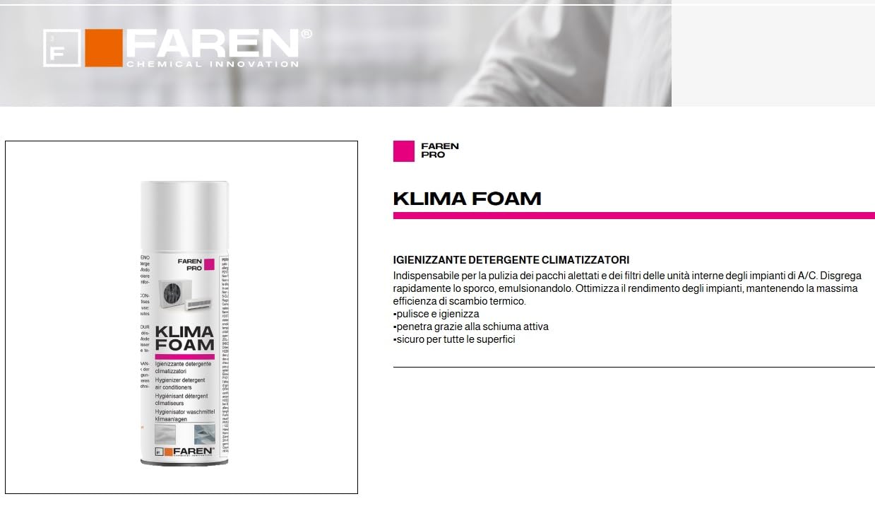 3 x KLIMA FOAM Faren, Detergente Igienizzante Spray Schiumogeno per Condizionatori,ideale per i pacchi alettati e filtri,disgrega lo sporco emulsionandolo, 400ml