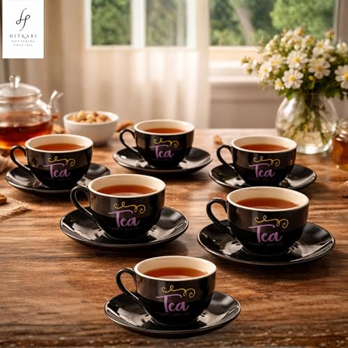 Image of Hitkari Porcelain Cup Saucer Set of 6 For Tea 220 Ml 6 Cups & 6 Saucers | 12 Piece Tea Coffee Set |Copper-Wash Cup & Saucer Sets Premium Royal Design |Elegant Glossy Finish Microwave & Dishwasher Safe