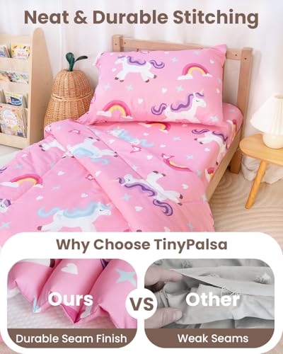 Image of TinyPalsa Toddler Bedding Set, 4-Piece Pink Rainbow Pony Comforter Set for Girls and Boys, Breathable Crib Bedding Includes Ultra-Soft Quilt, Flat & Fitted Sheets, Pillowcase