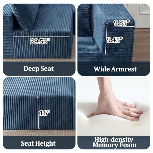 Image of 138 inch Modular Sectional Sofa, U-Shaped Cloud Couch with Deep Seats & Chaise, Convertible 4-in-1 Corduroy Boneless Couches for Living Room, No-Assembly - Blue (Right Facing Chaise)