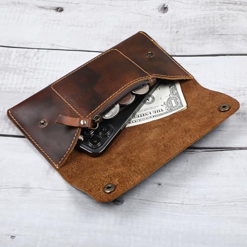 Leather Currency Pouch, Currency Organiser, Dollar Bills Holder, Bills Organizer, Money Envelope with Mobile Pocket, Money Bag For Men and Women (Brown)2