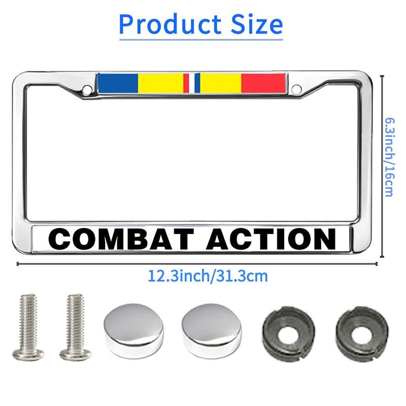 Image of Combat Action License Plate Frame Metal Veteran Car Tag Holder 2 Holes | Combat Action Ribbon License Plate Frame Metal Car Tag Holder Weatherproof Fit Standard US Auto Trucks Accessories