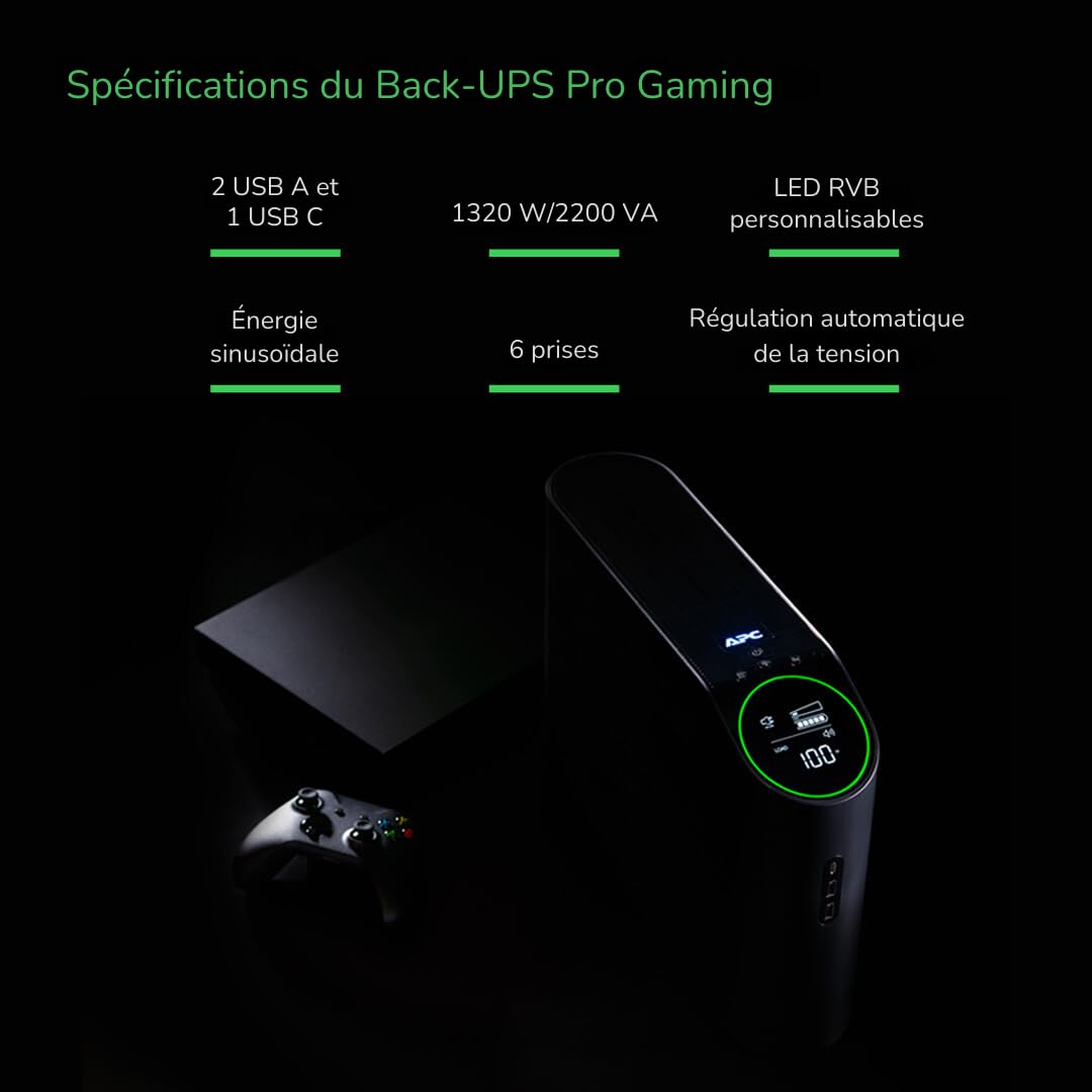 APC Onduleur Gaming Back UPS Pro, 2200VA/1320W, Tour, 230V, 4X Prises Schuko et 2X Prises IEC C13, lumières RGB, Onde sinusoïdale Pure, Midnight (Black) BGM2200B-GR