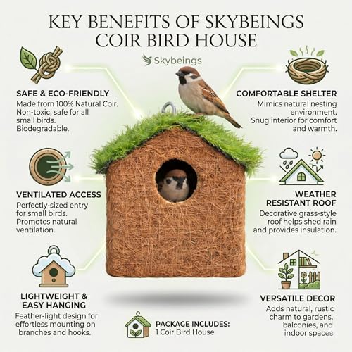 Image of Natural Coir Bird House for Outside, Eco-Friendly Woven Fiber Nesting Box for Sparrows & Small Birds, Decorative Hanging Bird Hut for Garden, Balcony (Pack of 2)