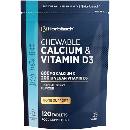 Calcium and Vitamin D Tablets | 800mg Calcium & 200iu Vitamin D3 | Chewable Vegan Supplement | 120 Tablets - Tropical Berry Flavour | by Horbaach