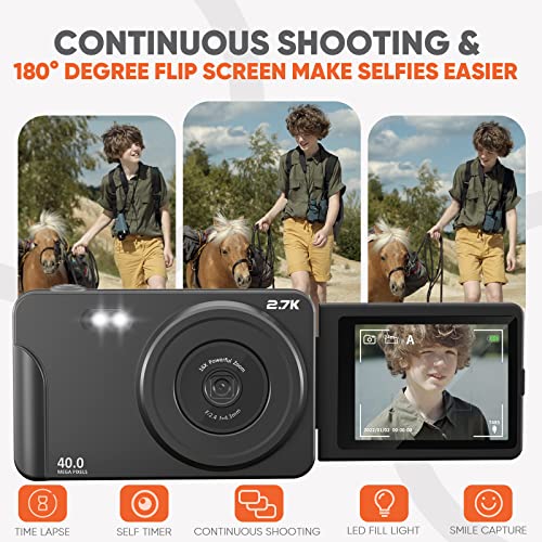 ESOXOFFORE-Digital-Camera-for-Teens27K-40MP-Autofocus-Vlogging-Camera-with-180-Degree-Flip-Screen16X-Digital-Zoom-Compact-Portable-Video-Camera-for-8-15-Year-Old-Kids-Student-Boys-Girls-Black