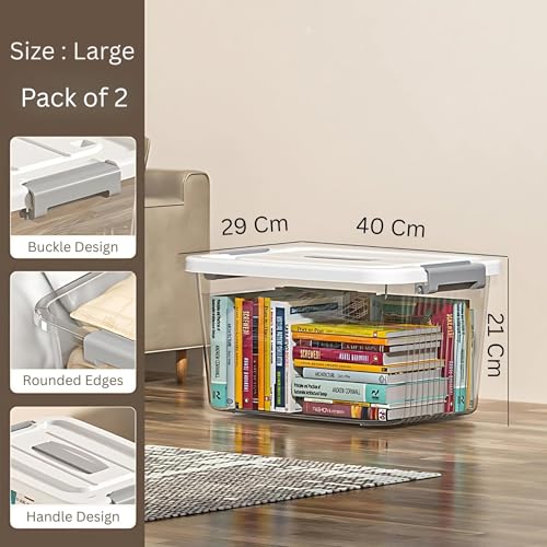 Image of HoopVool Multipurpose Plastic Storage Container Box - Sturdy and Versatile Home Organizer, Available in Multiple Size. (TRANSPARENT, LARGE - 14.5 X 10.5 X 8.2 INCH, PACK OF - 2)