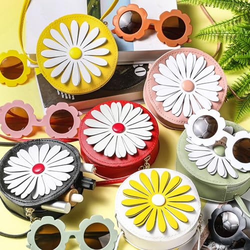 Paterr 12 Pcs Round Flower Sunglasses for Girls Accessories Daisy Flower Shaped Glasses Purse Set Fashion Crossbody Bag Fashion Sunglasses Outdoor Beach Gift3