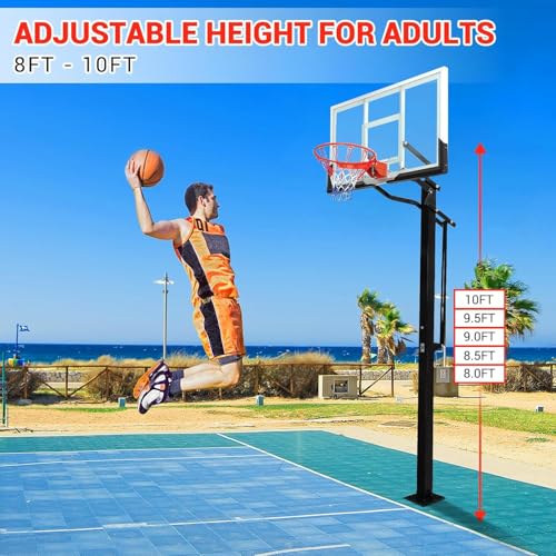 SLEKVERSA in Ground Basketball System Outdoor, 8-10Ft Quick Adjustable Hoop with 55\" Shatterproof Tempered Glass Backboard, Professional Goal Post for Driveway, Backyard, Court - Thumbnail 4