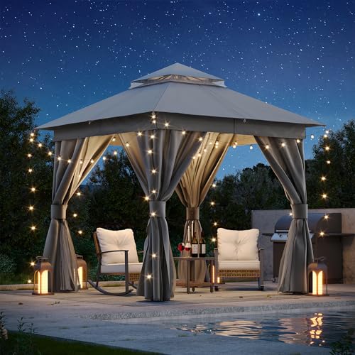 LAUSAINT HOME Patio Gazebo 8x8 Outdoor Heavy Duty Party Tent Shelter with Double Roofs Mosquito Nettings and Privacy Screens for Backyard Garden Lawn Gray