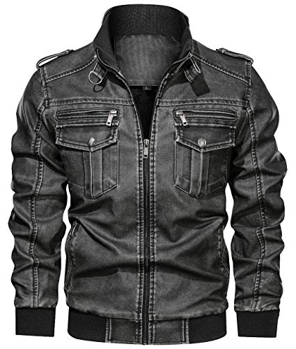 chouyatou Men's Casual Long Sleeve Zip-Up Distressed Faux Leather Moto Jacket (Medium, N-Black)