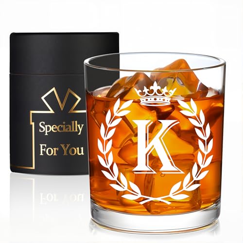 Jmugmt Personalized Whiskey Glasses Gifts for Men, Letter K Initial Whiskey Glass,...