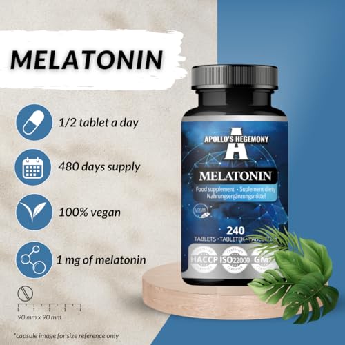 Melatonin 240 Vegane Tabletten - 1mg pro Portion - 480 Portionen in der Packung - für effektives Schlafmanagement - von Apollo's Hegemony