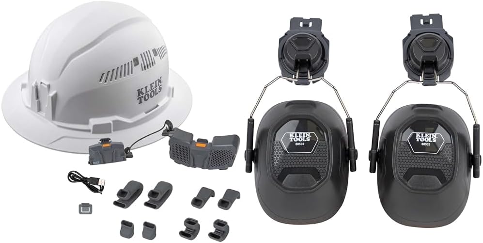 Klein Tools 80096 Hard Hat Fan Kit and 60502 Earmuffs, Full Brim White