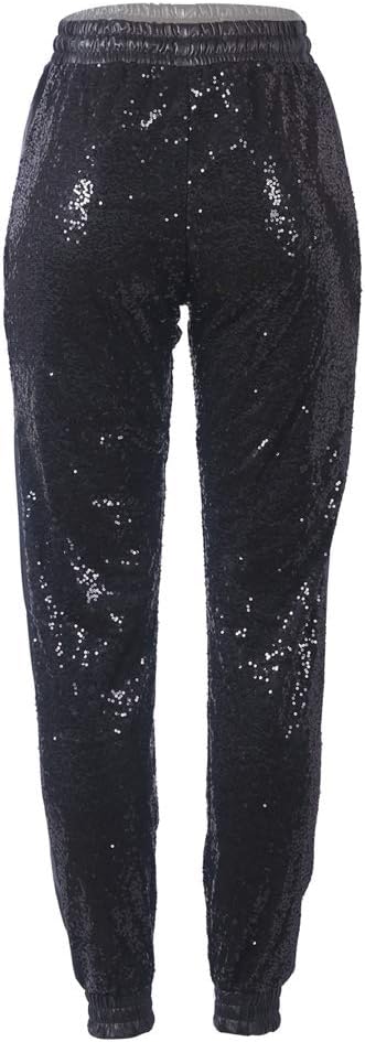 ALLUMK Womens Black Sequin Bling Legging Joggers Pencil Pants with Drawstring - Image 7