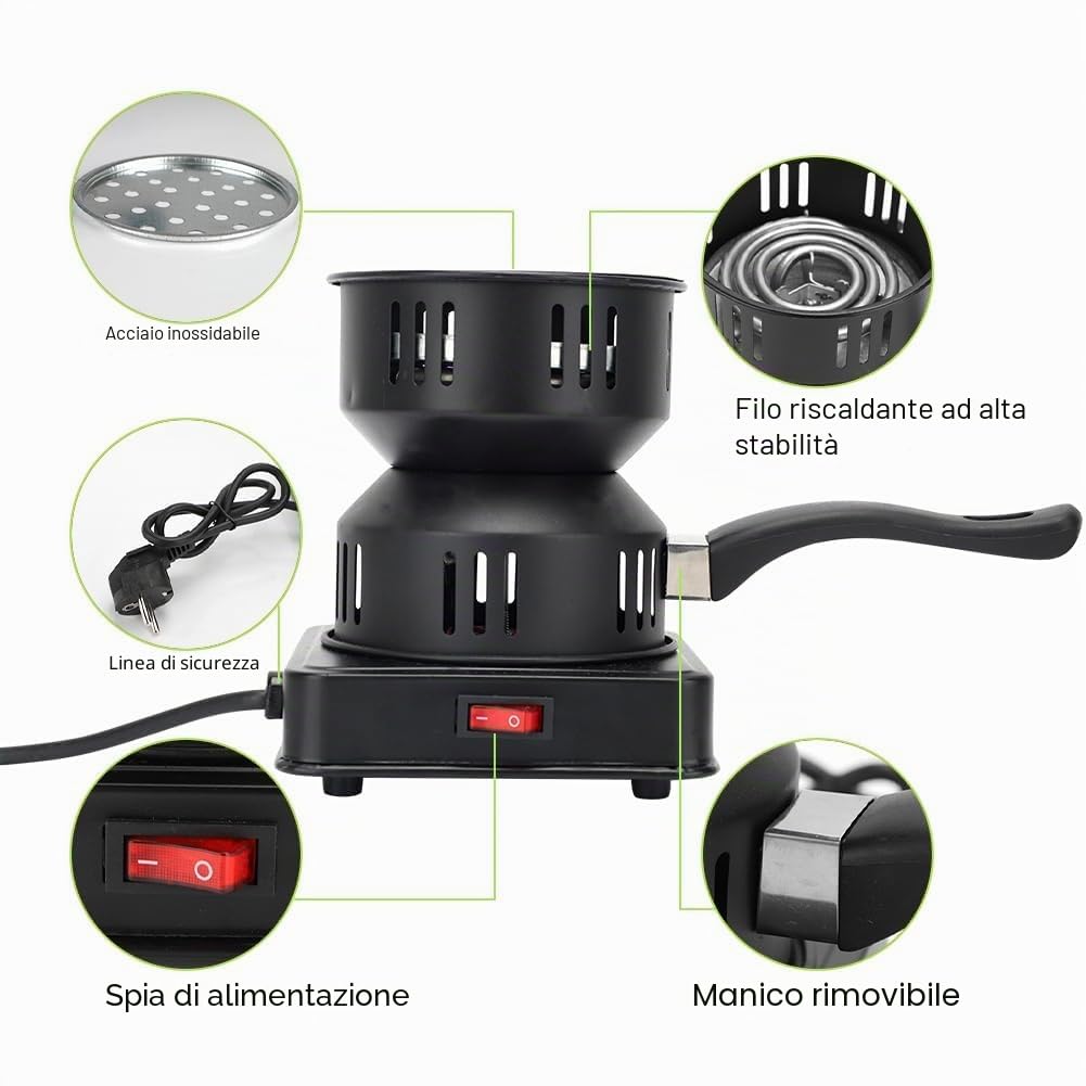 Yuragim Accendifuoco Elettrico a Carbone, 450-600 W, Bruciatore a Carbone, Elettrico a Carbone, Piastra Riscaldante, Accessorio con Maniglia e Griglia a Carbone per Casa Campeggio Barbecue