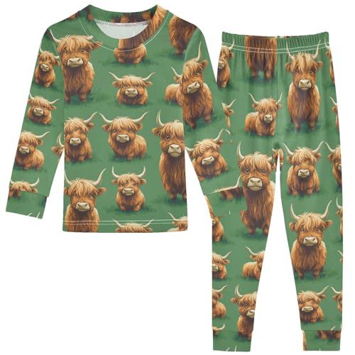 Pigsaly Pajama Set 2 Piece Spring Grass Cute Brown Highland Cow Cattle Pajama Sets Long Sleeve Pjs Sleepwear 3T