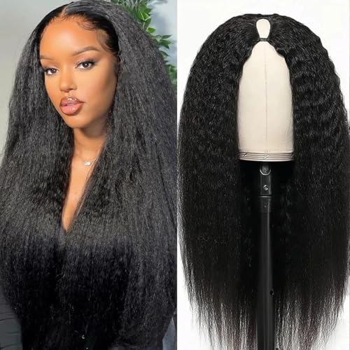 Emistar Black V Part Wig Kinky Straight Wig Upgrade U Part Synthetic Wigs for Black Women Full Head Clip In Hair Glueless Blend Human Hair Replacement Synthetic Wigs Natural Scalp (Black2.0, 24 Inch)