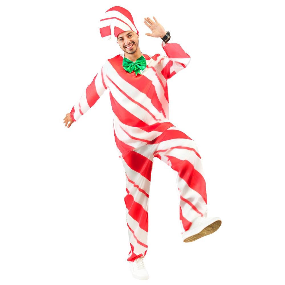 EraSpooky Mens Candy Cane Costume Adult Funny Christmas Candy Outfits Xmas Fancy Dress Size L, Multicolored