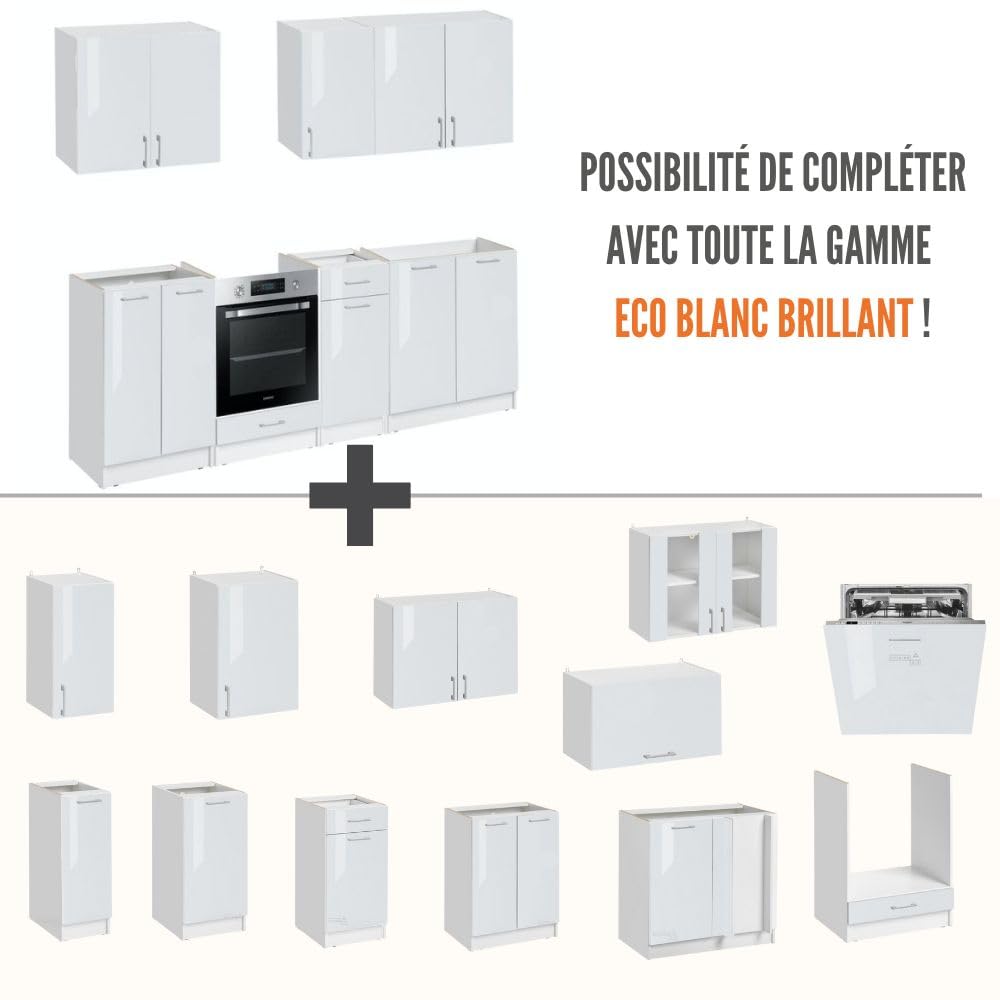 Cuisineandcie - Rangement Cuisine Equipee Complete ECO Blanc Brillant 240 cm - Set de 7 Meubles