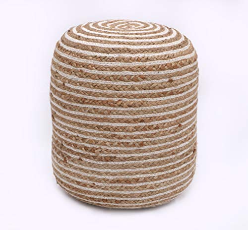Woven St. Jute Pouf - Hand-Braided - 100% Jute - Champagne Ottoman - Footrest, Bean Bag, Floor Chair - Great For The Living Room, Bedroom & Kid’s Room - 16’’ X 16’’ X 18’’ - White Beige Spiral #TOP4