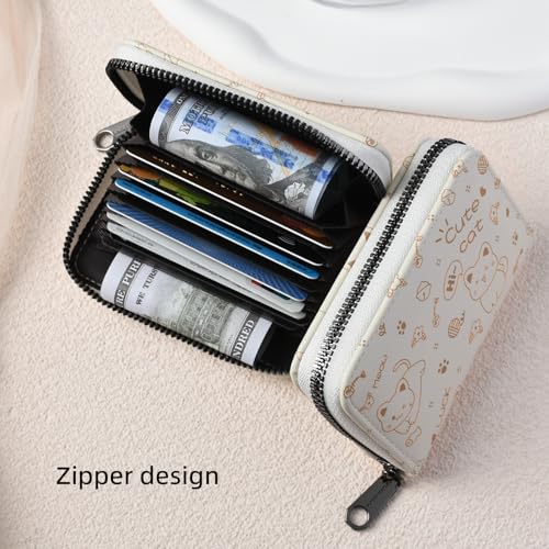 Wallet Kitten Cats Women Small Wallet for Women Textured Leather Bifold Compact Blocking Card Bag for Women with Zipper Coin Pocket,Students Cute Purse, Light Brown2