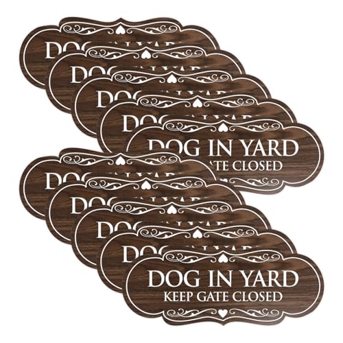 Signs ByLITA Designer Dog in Yard Keep Gate Closed Wall or Door Sign - Easy to Install | Durable Dog Safety Signs (Walnut) - Small 10 Pack