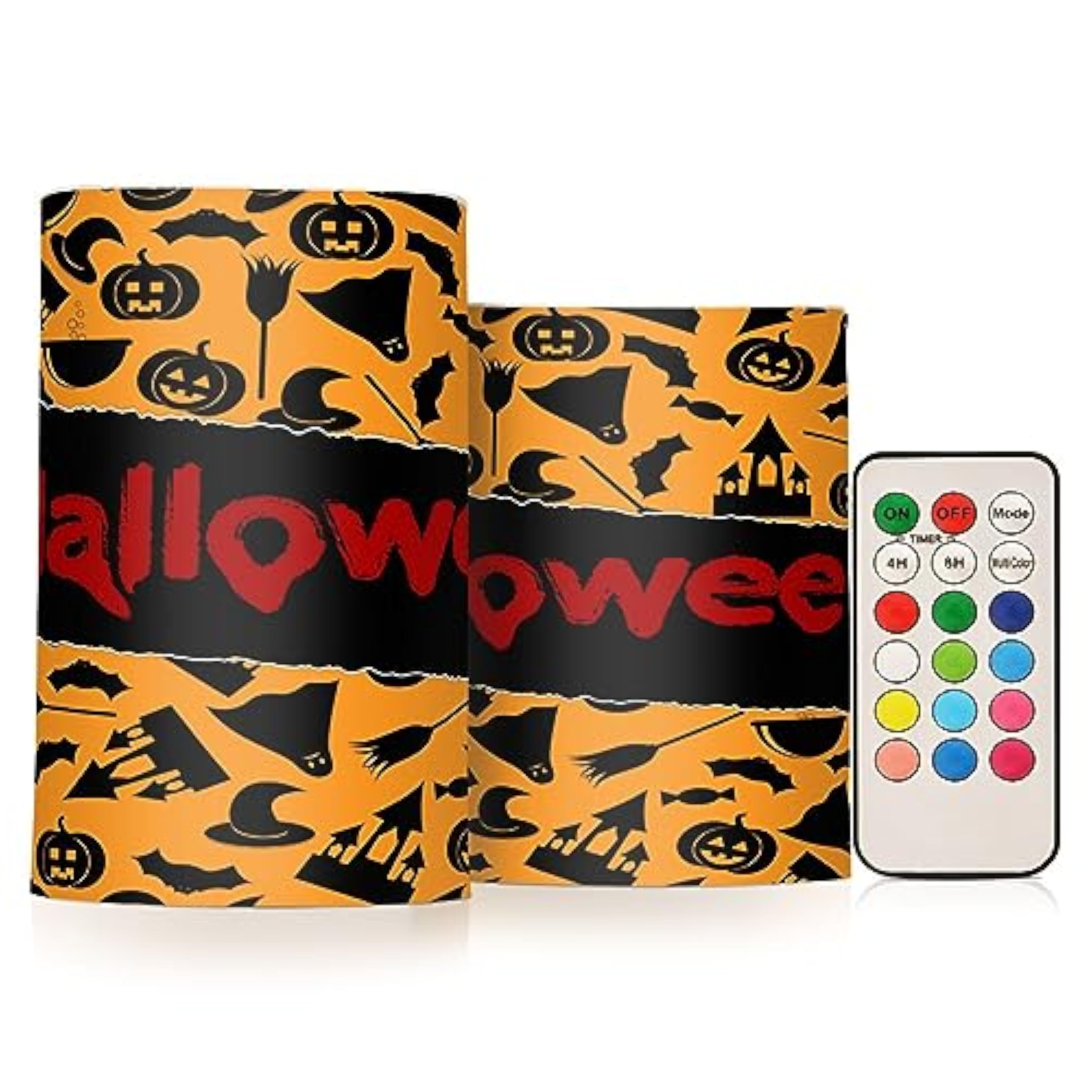 JUMBEAR Juego de 2 velas LED con símbolos negros de Halloween, velas sin llama naranjas de 4 pulgadas y 5 pulgadas, pilares de velas de cera real, control remoto de 18 teclas con función de