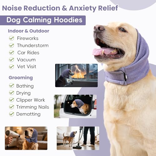 Image of Dog Calm Hoodie, No Shake Ear Wraps for Dogs, Quiet Dog Ear Cover Noise Protection, Pet Ear Muffs Dog Ear Protector Head Wrap Cover for Anxiety Relief, Hematoma, Grooming, Firework, Thunderstorms,L